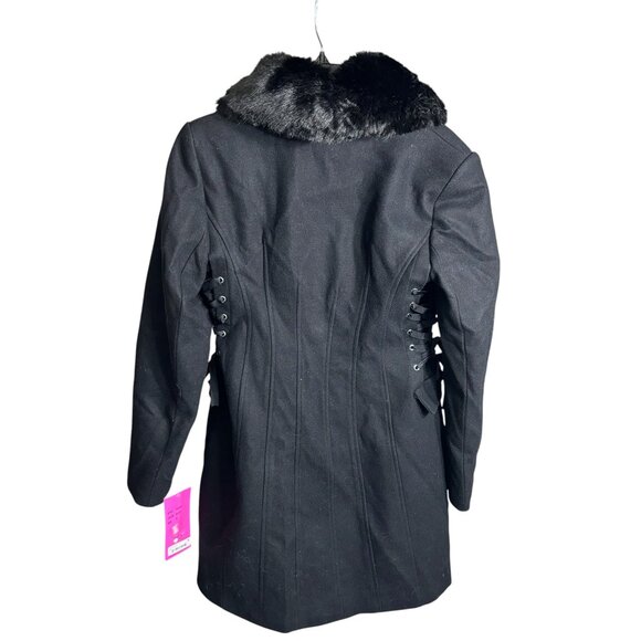 Betsey Johnson Corset Trench Coat Faux Fur Collar Wool Blend Black Size S NWT - Picture 2 of 10